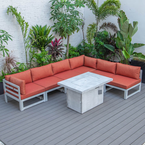 Chelsea 7-Piece Patio Sectional And Fire Pit Table In Weathered Grey Aluminum With Cushions