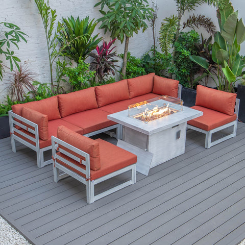 Chelsea 7-Piece Patio Sectional And Fire Pit Table In Weathered Grey Aluminum With Cushions