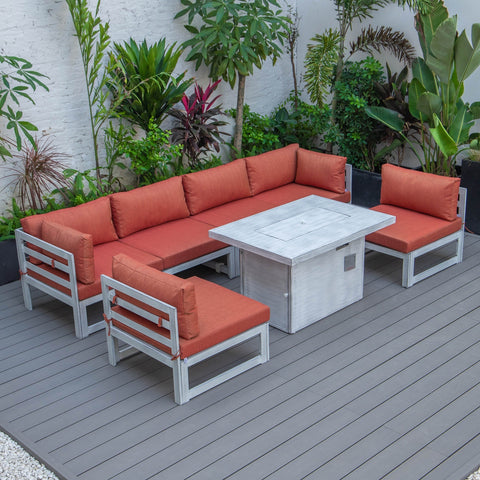 Chelsea 7-Piece Patio Sectional And Fire Pit Table In Weathered Grey Aluminum With Cushions