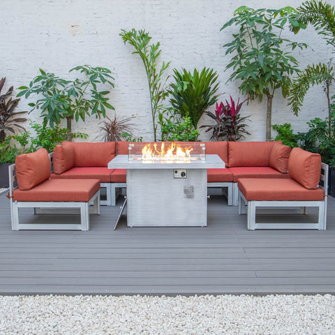 Chelsea 7-Piece Patio Sectional And Fire Pit Table In Weathered Grey Aluminum With Cushions