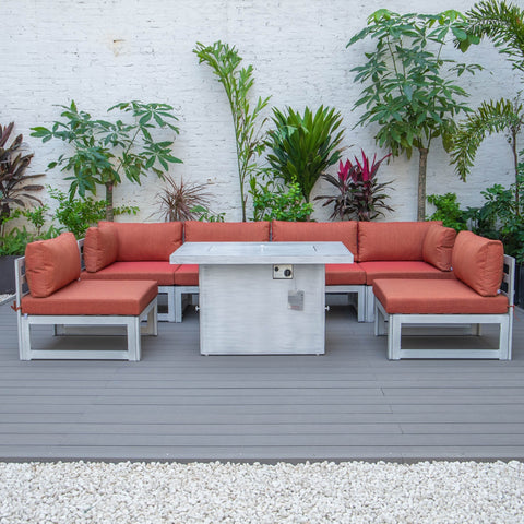 Chelsea 7-Piece Patio Sectional And Fire Pit Table In Weathered Grey Aluminum With Cushions