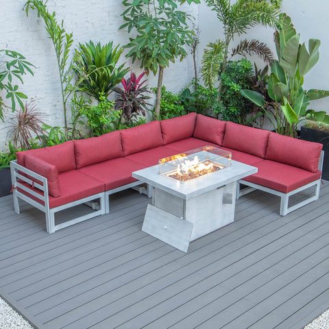 Chelsea 7-Piece Patio Sectional And Fire Pit Table In Weathered Grey Aluminum With Cushions