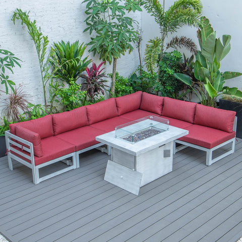 Chelsea 7-Piece Patio Sectional And Fire Pit Table In Weathered Grey Aluminum With Cushions