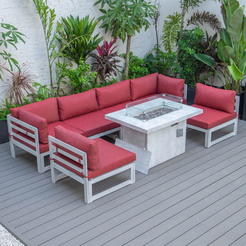 Chelsea 7-Piece Patio Sectional And Fire Pit Table In Weathered Grey Aluminum With Cushions