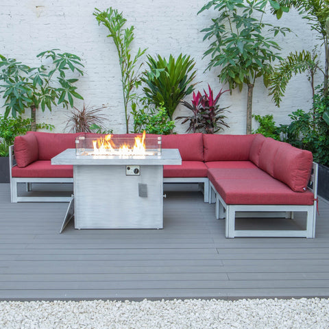 Chelsea 7-Piece Patio Sectional And Fire Pit Table In Weathered Grey Aluminum With Cushions