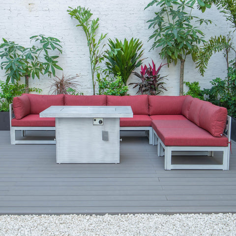 Chelsea 7-Piece Patio Sectional And Fire Pit Table In Weathered Grey Aluminum With Cushions