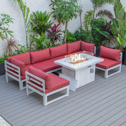 Chelsea 7-Piece Patio Sectional And Fire Pit Table In Weathered Grey Aluminum With Cushions