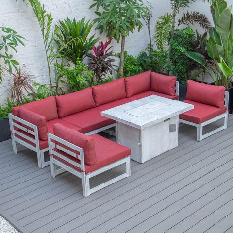 Chelsea 7-Piece Patio Sectional And Fire Pit Table In Weathered Grey Aluminum With Cushions