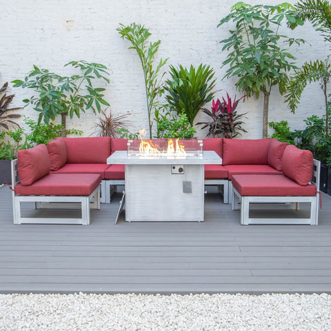 Chelsea 7-Piece Patio Sectional And Fire Pit Table In Weathered Grey Aluminum With Cushions