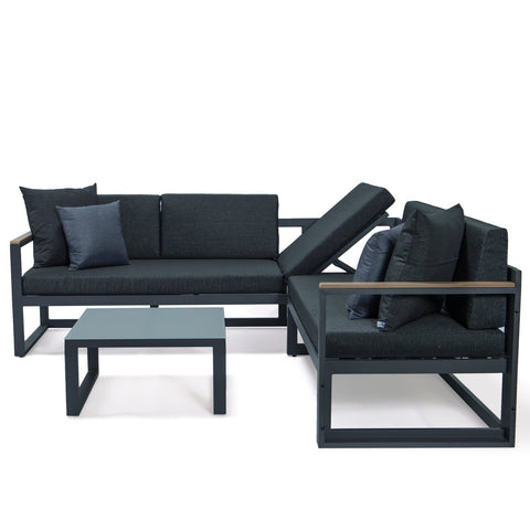 Chelsea Black Sectional With Adjustable Headrest & Coffee Table With Two Tone Cushions