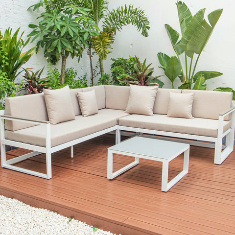 Chelsea White Sectional With Adjustable Headrest & Coffee Table With Cushions