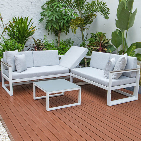 Chelsea White Sectional With Adjustable Headrest & Coffee Table With Cushions