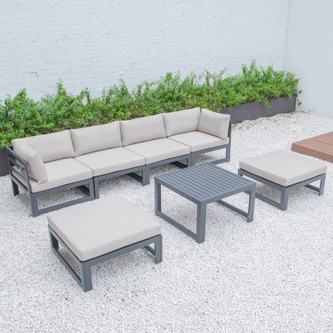 Chelsea 7-Piece Patio Ottoman Sectional And Coffee Table Set Black Aluminum With Cushions