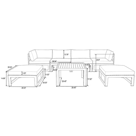 Chelsea 7-Piece Patio Ottoman Sectional And Coffee Table Set Black Aluminum With Cushions