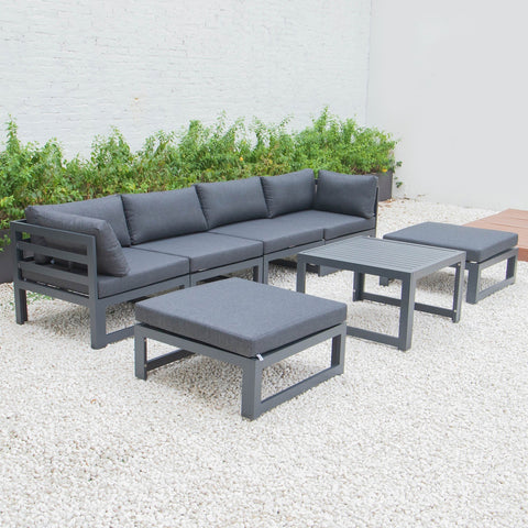 Chelsea 7-Piece Patio Ottoman Sectional And Coffee Table Set Black Aluminum With Cushions