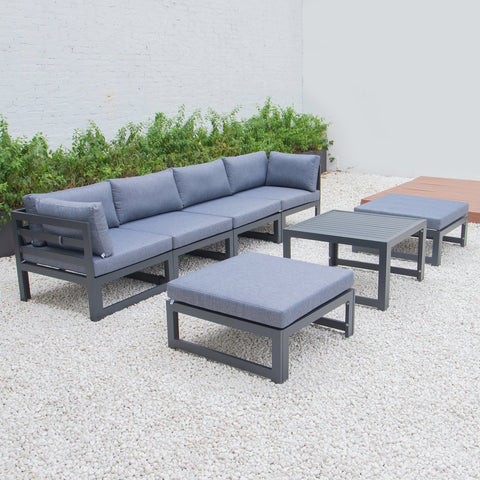 Chelsea 7-Piece Patio Ottoman Sectional And Coffee Table Set Black Aluminum With Cushions