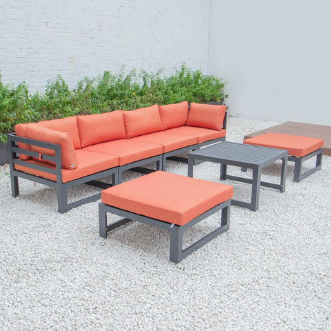 Chelsea 7-Piece Patio Ottoman Sectional And Coffee Table Set Black Aluminum With Cushions