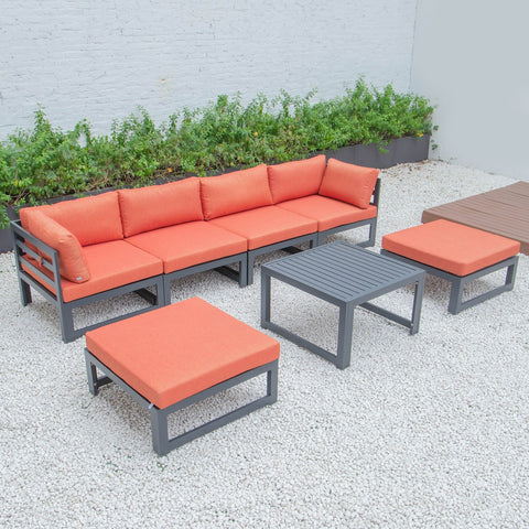 Chelsea 7-Piece Patio Ottoman Sectional And Coffee Table Set Black Aluminum With Cushions