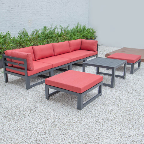 Chelsea 7-Piece Patio Ottoman Sectional And Coffee Table Set Black Aluminum With Cushions