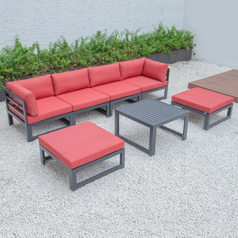 Chelsea 7-Piece Patio Ottoman Sectional And Coffee Table Set Black Aluminum With Cushions