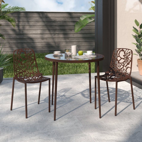 Devon Aluminum Indoor Outdoor Dining Chairs Stackable and Flower Pattern Design Set of 2