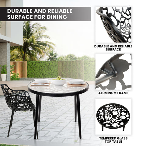 Devon 3-Piece Patio Dining Set: Aluminum Table with Glass Top & 2 Flower Arm Chairs