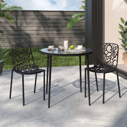 Devon 3-Piece Patio Dining Set: Aluminum Table with Glass Top & 2 Stackable Flower Chairs