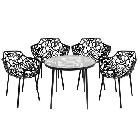 Devon Modern 5-Piece Aluminum Outdoor Dining Set with Dining Table with Tempered Glass Top and 4 Stackable Flower Design Armchairs