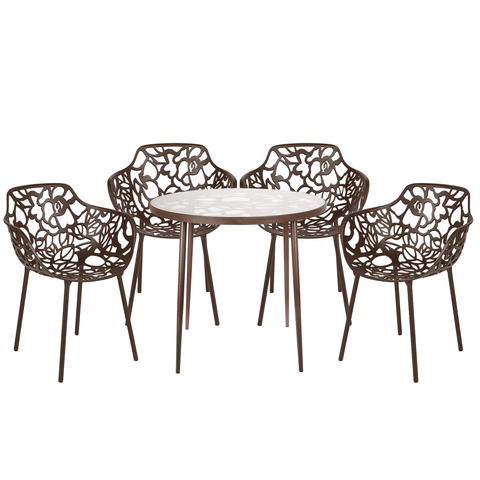 Devon Modern 5-Piece Aluminum Outdoor Dining Set with Dining Table with Tempered Glass Top and 4 Stackable Flower Design Armchairs