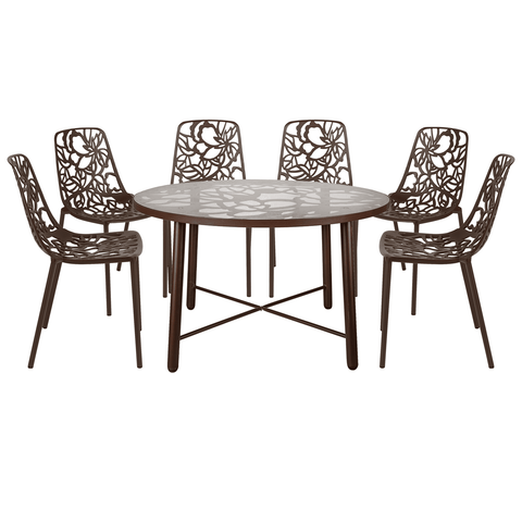 Devon 7-Piece Outdoor Dining Set: Aluminum Table with Glass Top & 6 Stackable Flower Chairs