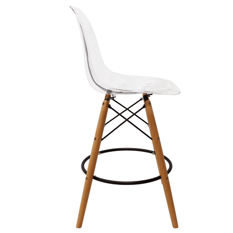 Dover Mid-Century Modern Plastic Barstool with Beech Wood Legs and Footrest for Kitchen and Dining Room