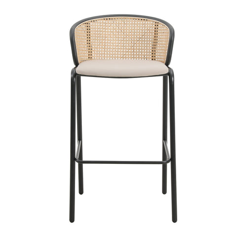 Ervilla Mid-Century Modern Wicker Bar Stool with Fabric Seat and Black Powder Coated Steel Frame, Set of 2