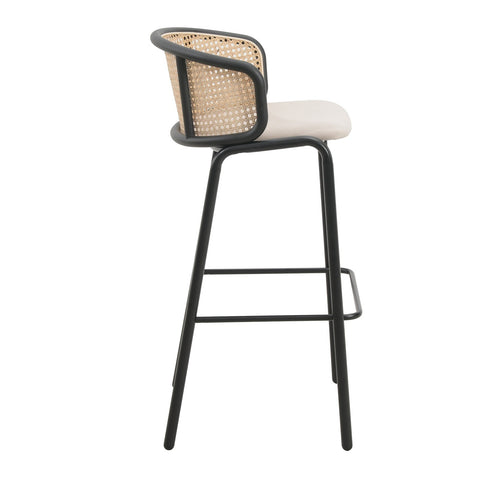 Ervilla Mid-Century Modern Wicker Bar Stool with Fabric Seat and Black Powder Coated Steel Frame, Set of 2