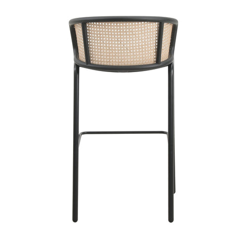 Ervilla Mid-Century Modern Wicker Bar Stool with Fabric Seat and Black Powder Coated Steel Frame, Set of 2