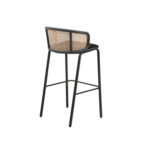 Ervilla Mid-Century Modern Wicker Bar Stool with Fabric Seat and Black Powder Coated Steel Frame