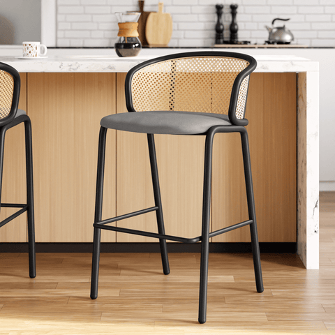 Ervilla Mid-Century Modern Wicker Bar Stool with Fabric Seat and Black Powder Coated Steel Frame