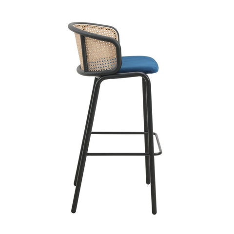 Ervilla Mid-Century Modern Wicker Bar Stool with Fabric Seat and Black Powder Coated Steel Frame, Set of 2