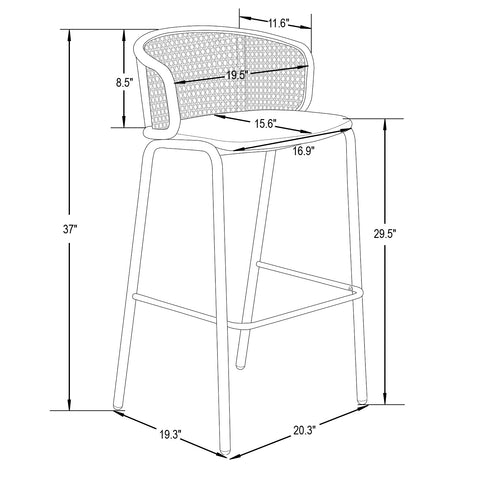 Ervilla Mid-Century Modern Wicker Bar Stool with Fabric Seat and Black Powder Coated Steel Frame