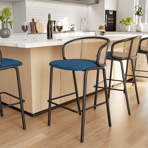 Ervilla Mid-Century Modern Wicker Bar Stool with Fabric Seat and Black Powder Coated Steel Frame