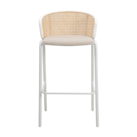 Ervilla Mid-Century Modern Wicker Bar Stool with Fabric Seat and White Powder Coated Steel Frame