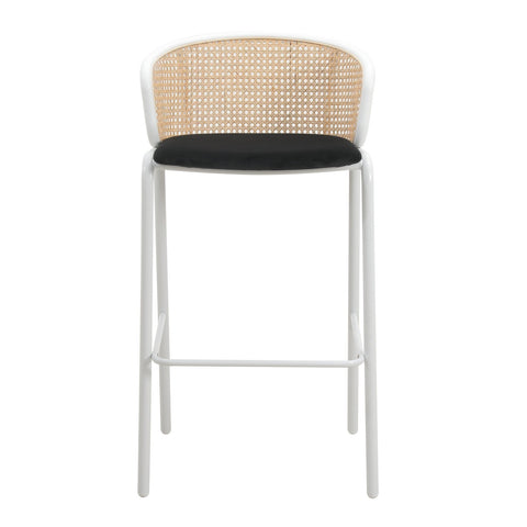 Ervilla Mid-Century Modern Wicker Bar Stool with Fabric Seat and White Powder Coated Steel Frame