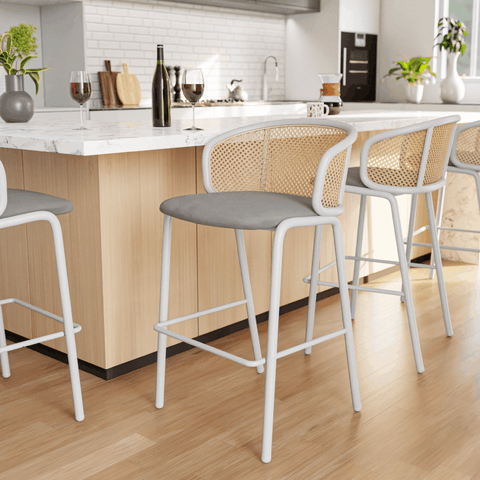 Ervilla Mid-Century Modern Wicker Bar Stool with Fabric Seat and White Powder Coated Steel Frame