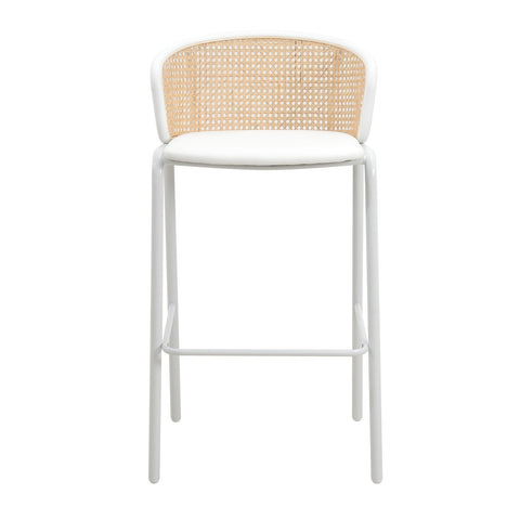 Ervilla Mid-Century Modern Wicker Bar Stool with Fabric Seat and White Powder Coated Steel Frame