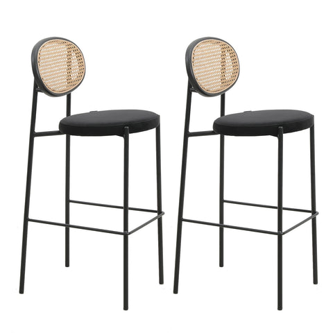 Euston Wicker Bar Stool with Black Powder Coated Steel Frame and Footrest, Set of 2