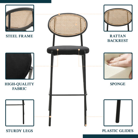 Euston Wicker Bar Stool with Black Powder Coated Steel Frame and Footrest, Set of 2