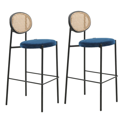 Euston Wicker Bar Stool with Black Powder Coated Steel Frame and Footrest, Set of 2