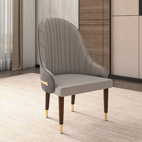 Elara Leather Dining Chair with Elegant Ripple Back and Gold Accents in Rubberwood
