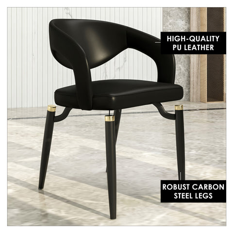 Entice Dining Chairs Upholstered Leather Seat and Curved Back in Black Iron Legs