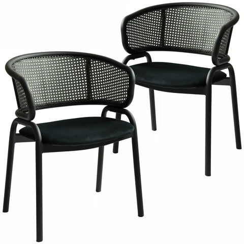 Ervilla Dining Armchair with Black Steel Legs and Black Wicker Back Set of 2