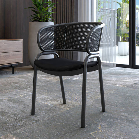 Ervilla Dining Armchair with Black Steel Legs and Black Wicker Back Set of 2